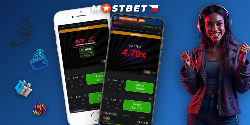 Herní kolo Mostbet Aviator s červenou křivkou multiplikátoru a letadlem ve vzduchu