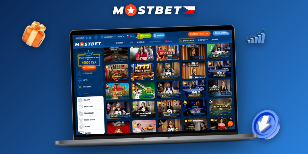 Mostbet slot lobby zobrazená na notebooku s kategoriemi her a živým kasinem