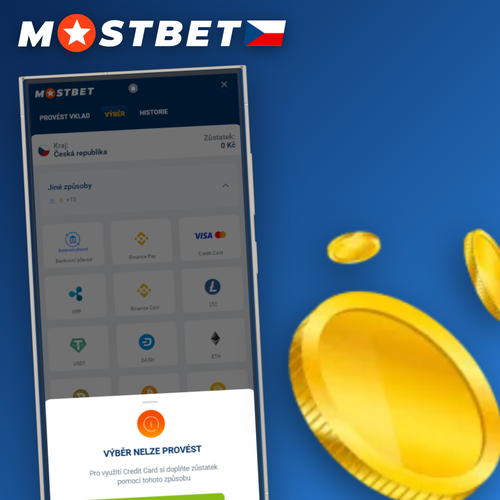 Mostbet výběr peněz na mobilní obrazovce s tlačítkem výběru a symboly platebních metod v CZK